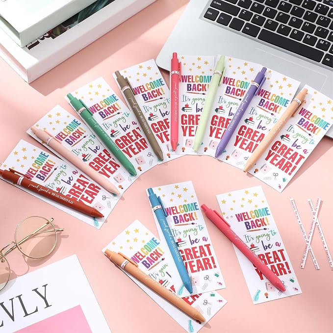 MotiMind 50 Set Welcome Back To School Supplies Gift Bulk Include Greeting Card with Tie and Inspirational Ballpoint Pen First Day of School Gift for Student Classmate Teacher Classroom (Cute Color)