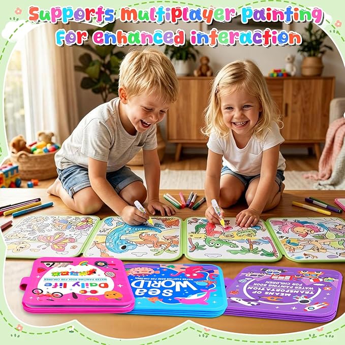 Vodolo Water Painting Book for Toddlers - 4 Pack Reusable Magic Water Coloring Book with 4 Water Pen, Mess Free Painting for Toddlers,No Mess Paint Coloring for Ages 3+ Travel Activity Toys