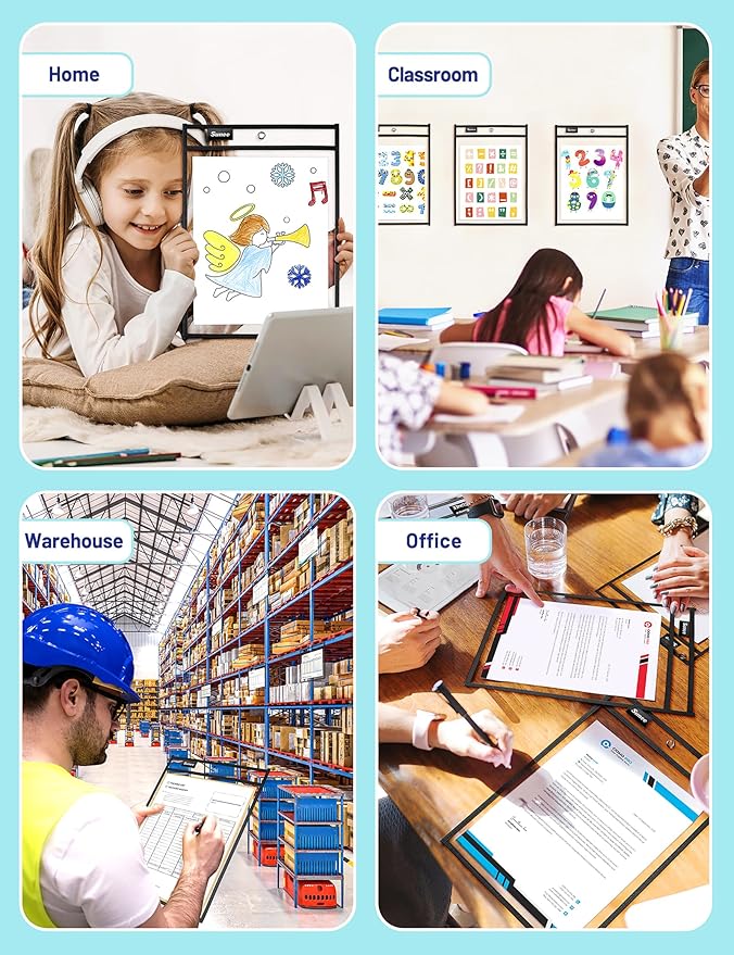 SUNEE 30 Packs Oversized Reusable Dry Erase Pocket Sleeves with 2 Rings, Black 10x14 Ticket Holders, Clear Plastic Sheet Protectors, Teacher School Classroom Supplies