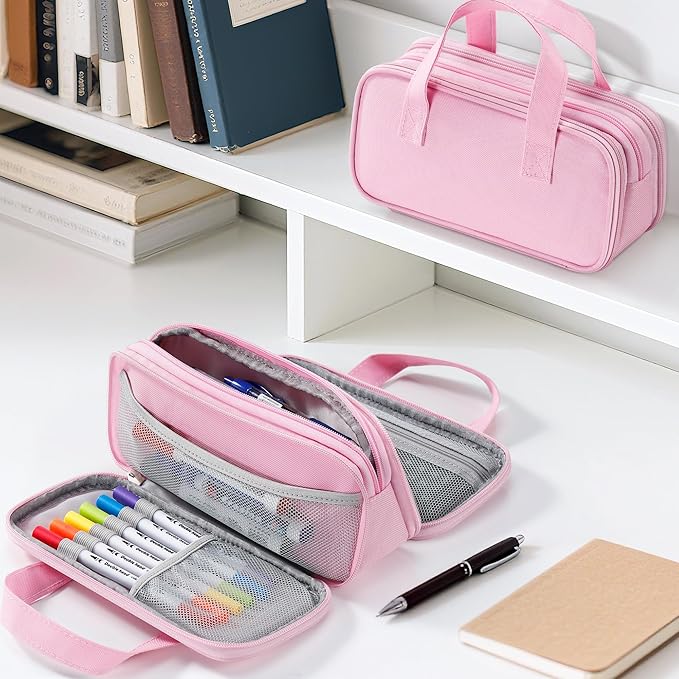 Zannaki Large Pencil Case, Big Capacity Pencil Pouch Pen Bag with 3 Compartment, Portable Canvas Stationery Organizer with Zipper, Cute Aesthetic School Supplies for Teen Girls Boys College,Pink