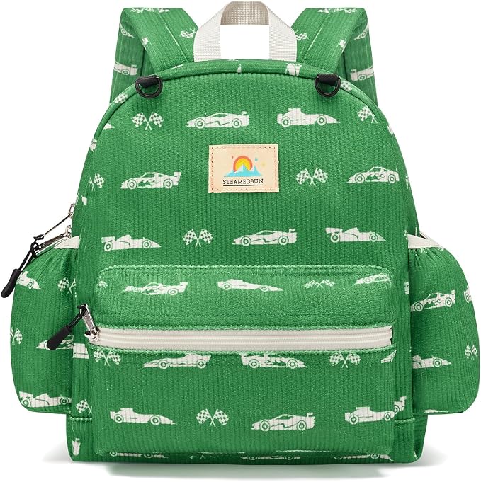 STEAMEDBUN Corduroy Toddler Backpack for Girls 2-4: Kids backpack for Boys Girls - 12 inch Preschool Kindergarten Backpacks - Green Racing