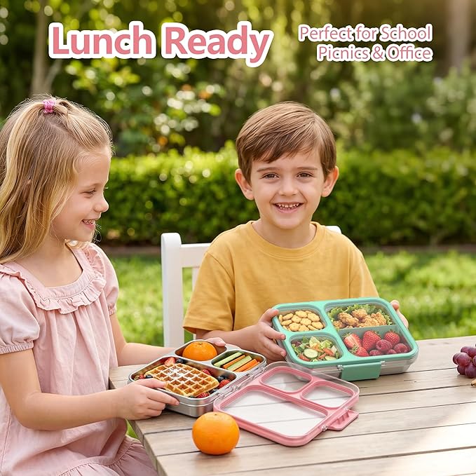 HOMEKOL Stainless Steel Bento Lunch Box, 3-Compartment Leak-Proof Metal Lunch Container for Kids & Adults, BPA-Free, Dishwasher Safe, Clear Tritan Lid, 4.2Cups/1000ml Pink (Not Insulated)