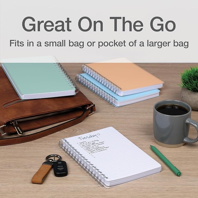 Oxford Poly Spiral Notebooks, Small 5.7 x 8.5" Book, Thick Poly Cover, White Paper, College Rule, 80 Sheets/160 Pages, Neutral Colors, 4 Pack (69721)