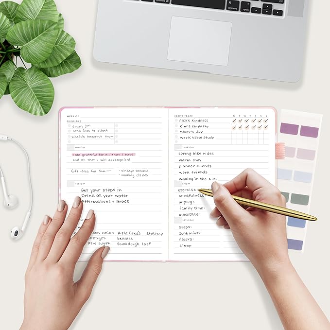 And Per Se Undated Planner, Weekly & Monthly Planner with Goal & Habit Tracker, A5 Leather Hardcover Productivity Journal for Academic Year (Blush Watercolor)