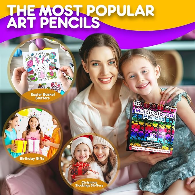 nsxsu Art Supplies for Kids Teens Adults, 16 Rainbow Pencils Drawing Supplies, Jumbo Multi Colored Pencils for Sketching Drawing, Tween Girls Trendy Stuff Birthday Party Favor Crafts for Boys 6-12