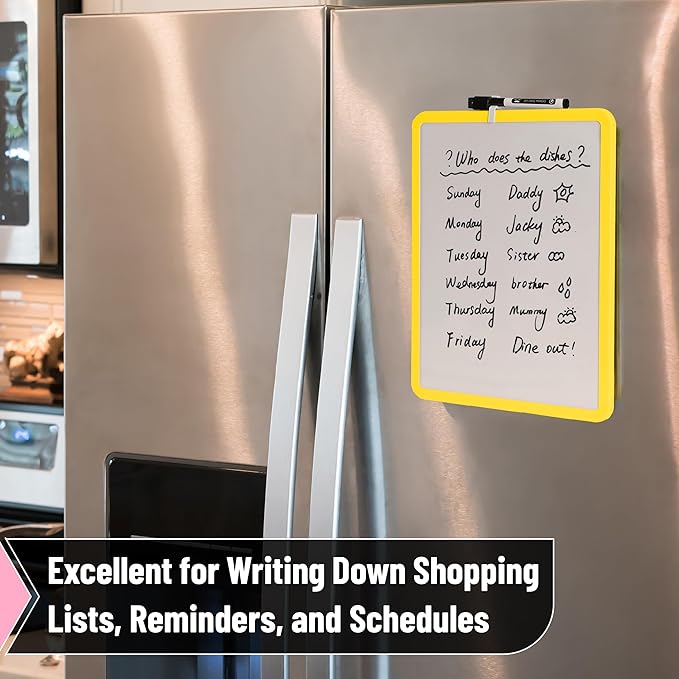 Mr. Pen- Dry Erase Board, 14” x 11” with a Black Dry Erase Marker, Yellow Frame, Small Mini White Board for Students, Fridge, Wall, Locker, Includes Double Sided Tapes