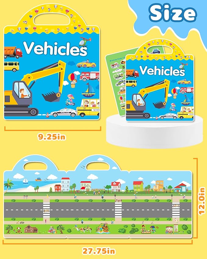 Benresive Reusable Sticker Book for Toddlers, Travel Stickers for Kids, Toddler Crafts Activities Toys, Birthday Gifts for Boys & Girls - Vehicle
