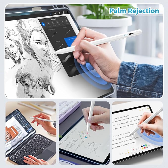 Stylus Pen for iPad,(2018-2026) Fast Charge with Tilt Sensitivity & Palm Rejection Compatible with iPad Pro 11"/12.9", iPad mini 5/6, iPad Air 3/4/5, iPad 6/7/8/9/10 (White)