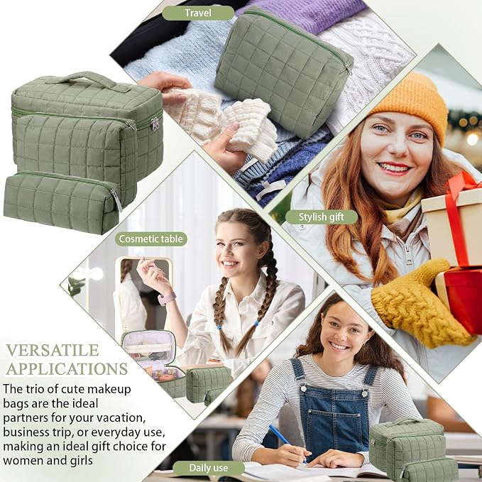 Huhumy 3 Pcs Large Puffy Makeup Bag Set Quilted Cosmetic Pouch for Women Cute Checkered Travel Toiletry Bag Puffer Makeup Organizer Purse Pouch Preppy Pencil Case with Zipper Valentine Gift(Green)