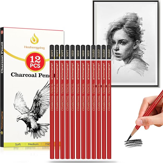 Charcoal Pencils Drawing Set, 12 Pieces Soft, Medium and Hard Black Sketch Charcoal Pencils for Drawing, Sketching, Shading, Blending, Artist Pencils for Beginners & Pro Artists