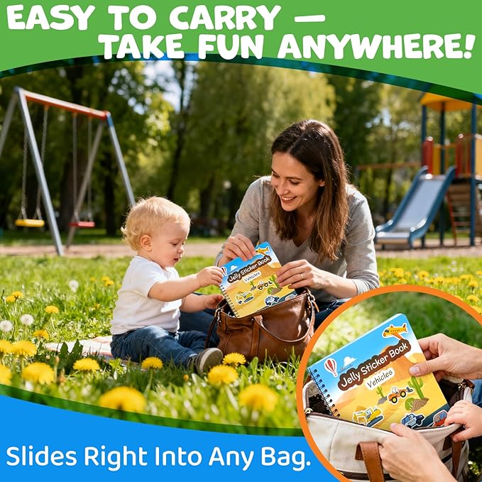 Reusable Sticker Book for Toddlers – Vehicles & Construction, 3 Sheets Washable Car Truck Jelly Stickers, 9 Play Scenes Sticker Activity Book for Kids, Road Trip Travel Toys