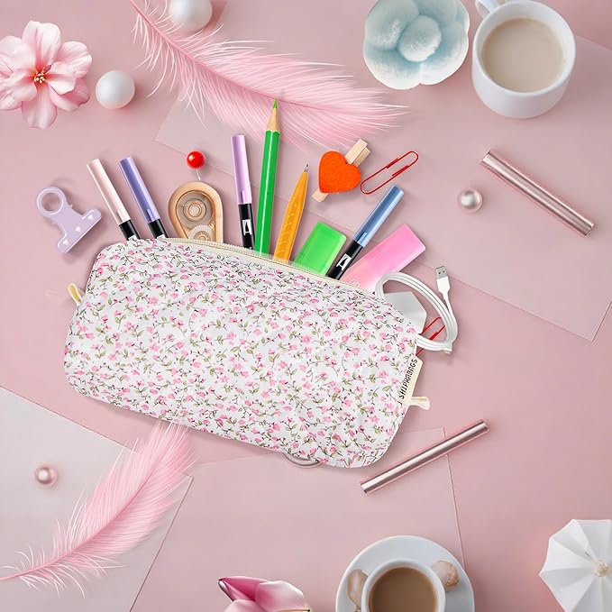 Cute Quilted Pencil Case for Girls Women, Aesthetic Small Floral Pencil Pouch,Slim Soft Pencil Bag for School Supplies Makeup Pouch for School & Daily Use (pink floral)