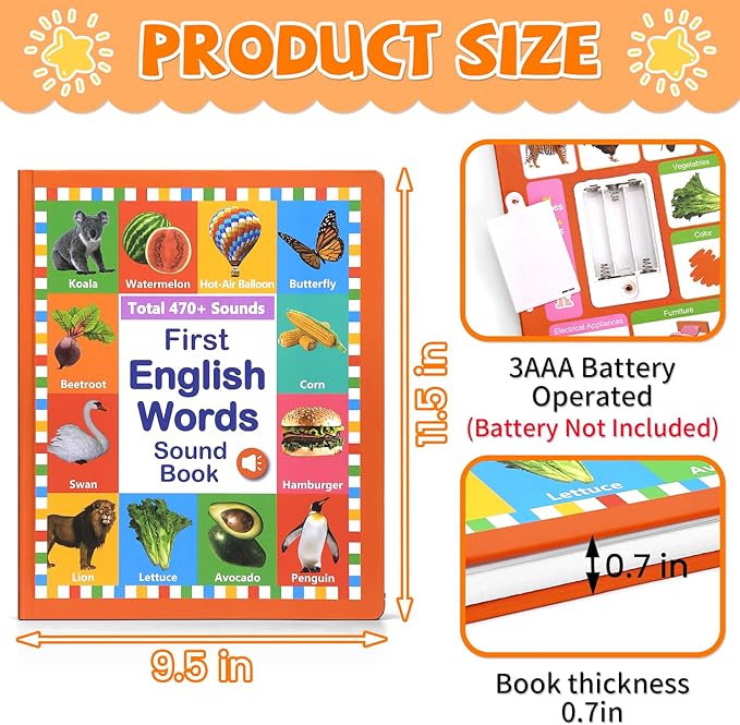 My First English Words Sound Book Toy, English Learning Talking Book, 470+ Words, 21 Themes, Press to Learn Phonics, Interactive Educational Books for 2-5 Year Olds