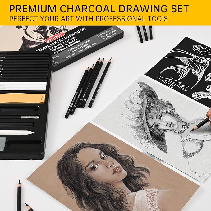GETHPEN 27 Piece Charcoal Drawing Set - Professional Black & White Charcoal Pencils for Sketching, Shading & Blending, Graphite Sticks with Artist Art Supplies Kit (Beginners & Professionals)