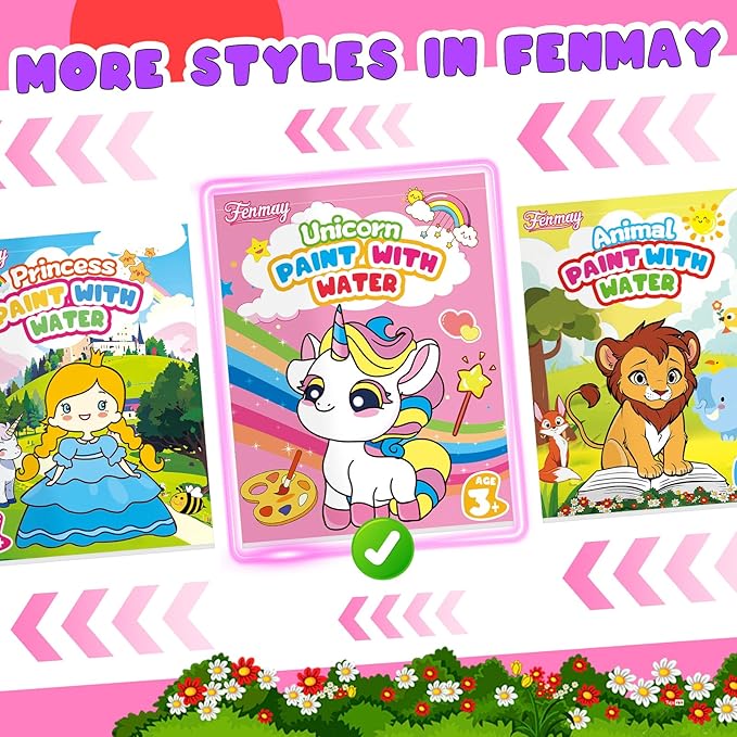 Fenmay Paint with Water Coloring Books for Kids, Mess Free Watercolor Paint Sets with 2 Premium Brushes, Arts and Crafts Birthday Gift for Kids Age 3-5 4-8, Travel Activities Toy (Unicorn)