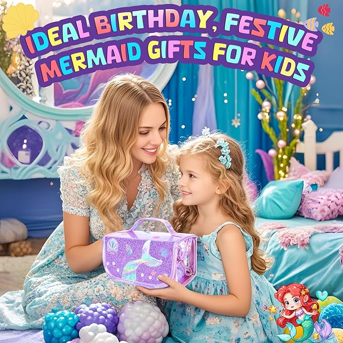 Mermaid Arts and Crafts for Girls Ages 4-5-6-7-8, 70 PCS Art Supplies Set with Bonus Mermaid Hairpin, 3D Glitter Case, Washable Dual Tip Markers, Scented Gel Pens & Twist-up Crayons, Birthday Gift