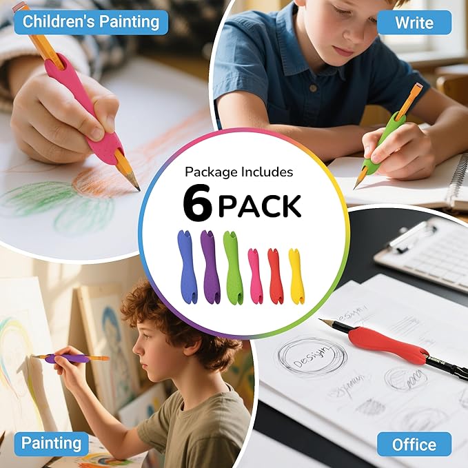 6-Pack Mixed Sizes&Colors Silicone Pencil Grips for Kids & Adults,Ergonomic Anti-Slip Texture for Handwriting,Drawing,Dual-Head Design for Right or Left-Handed Use(Small+Medium)