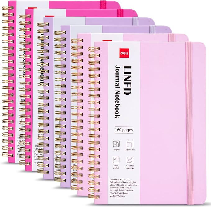 deli 6 Pack Lined Spiral Journal Notebook, 160 Pages, A5 (5.5"x8") Hardcover Writing Notebook, College Ruled Spiral Bound Journal for Women & Men - Perfect for Work, School, Office & Note Taking