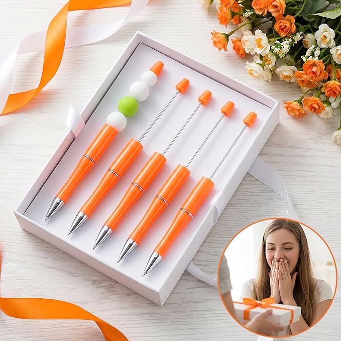 jiebor 30Pcs Beadable Pens Plastic Bead Ballpoint DIY Cute Cool Pens Black Ink for Women Men Bridal Graduation Gift Office Supplies Orange