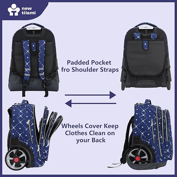 NEW TILAMI 20" Rolling Backpack for Teens Adults, Climbing Stairs Waterproof Backpack with Wheels for School Business Trave Camping with Laptop Compartment, Fit 17 Inch Laptop, Navy Bling