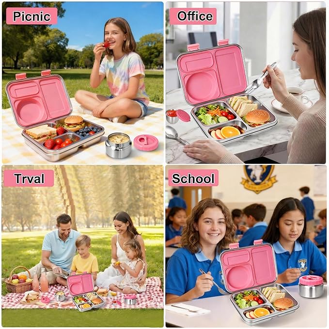 Stainless Steel Bento Lunch Box-7+ Older Kids,Teens & Adult with Insulated Food Jar,Leakproof 3-Compartment,BPA-Free, Eco-Friendly,Dishwasher Safe, Large-Capacity Box, School,Office,Travel (Pink)