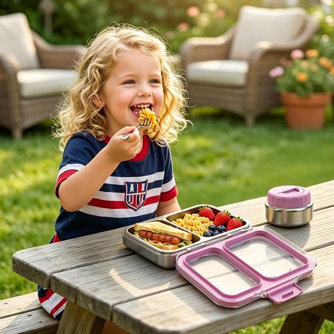 HOMEKOL Stainless Steel Bento Lunch Box + 9.5oz Insulated Food Jar, Purple | 2-Compartment Leak-Proof Container for Kids & Adults, BPA/BPS-Free, 18/8 Metal, Dishwasher Safe, Clear Tritan Lid