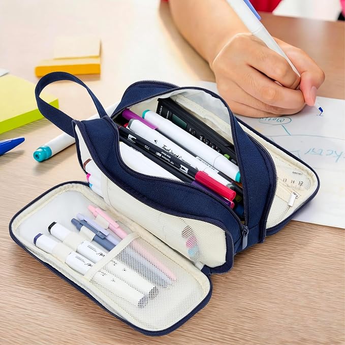 Pencil Case Pouch, Large Capacity Pencil Box Bag, Aesthetic Pen Organizer for School Supplies, Cute Preppy Stuff for Girls Boys Kids, Back to College Stationery, Navy Blue