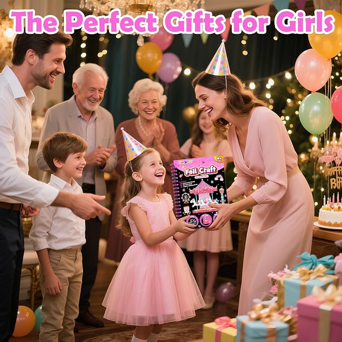 FUNNYB&G Mess-Free Foil Art Craft for Girls Ages 4-10, Kids Birthday Gift