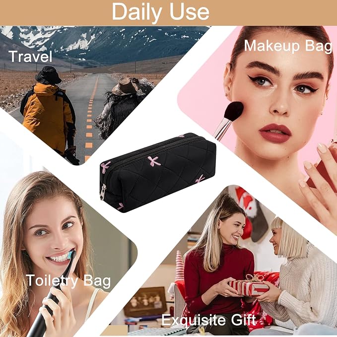Cute Floral Cotton Makeup Brush Cosmetic Bag for Women, Travel Quilted Zipper Make Up Bag, Flowers Toiletry Organizer Case Kawaii Makeup Cosmetic Travel Cloth Pouch (Pink+Black)