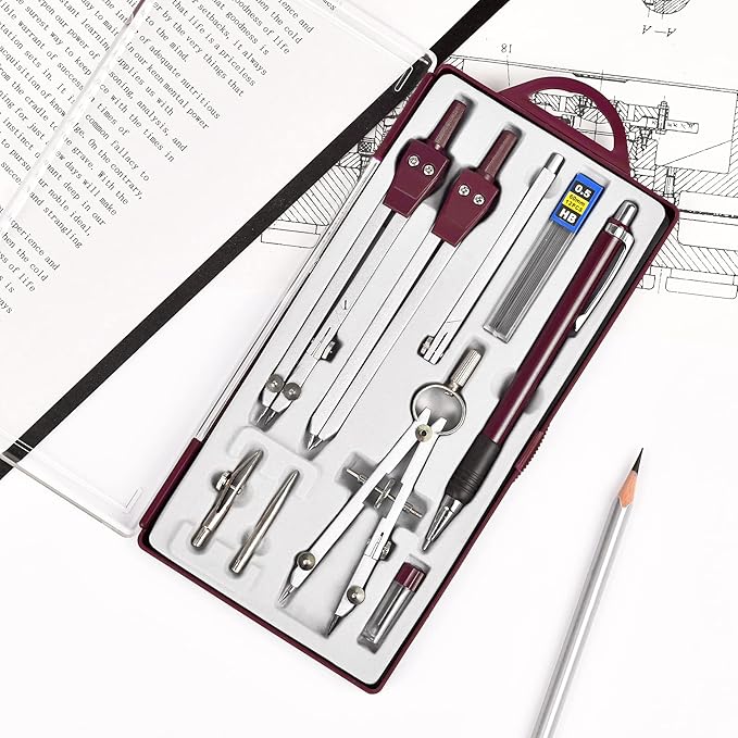 Unjoo 9Pcs Precision Geometry Set Metal Compass, Geometry Tool Tool Set with Shatterproof Storage Box, Circle Drafting Tool and Architecture, Drafting Kits for Engineers Students (Brown)