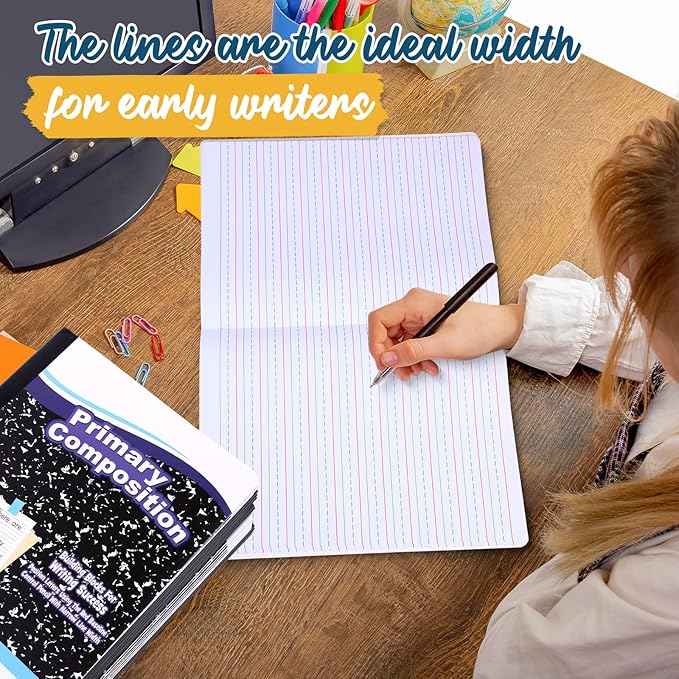 Watersay 30 Pack Primary Ruled Composition Notebook, Grade K-2 Journal 50 Sheets, 7-1/2" x 9-3/4" Primary Composition Book Writing Notebook for Kids Kindergarten Preschool 1st 2nd Grad (Black)