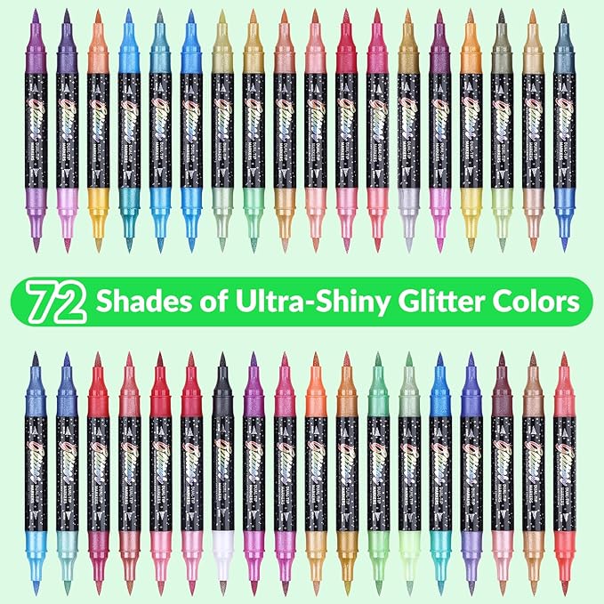 KEMYR Glitter Effect Brush Markers Pens,72 Colors Dual Tip Glitter Pens Set 36 Pack Metallic Sparkle Markers for Cards, DIY Crafts, Doodle, Writing, Adults Coloring Books, Art Supplies Scrapbooking