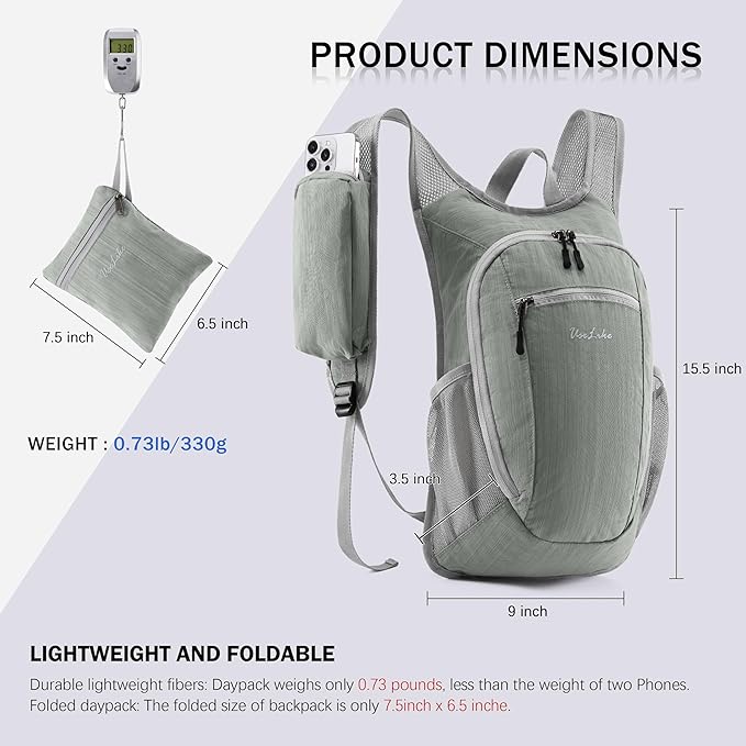 Uselike 10L Small Hiking Backpack Travel Daypack Lightweight Packable Back Pack for Women Men(Light Grey)