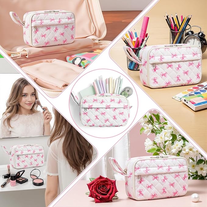 WOBAGMEN Quilted Pencil Pouch for Girls Women, Large Pencil Case Pouch with Compartments Cute Aesthetic Pencil Case Organizer, Floral Pencil Bag for School Supplies (Cute Pink Bow)