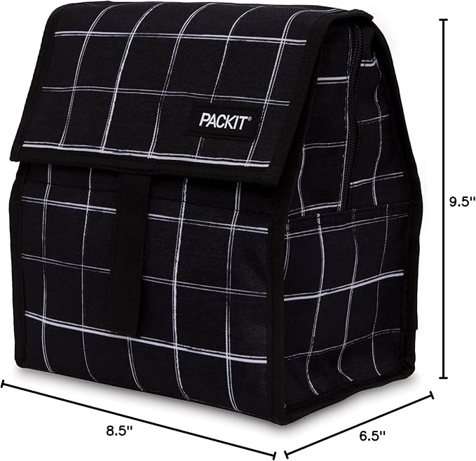 PackIt Freezable Lunch Bag, Black Grid, Built with EcoFreeze Technology, Foldable, Reusable, Zip and Fold Closure with Buckle Handle, Designed for Work Lunches and Fresh Lunch On the Go