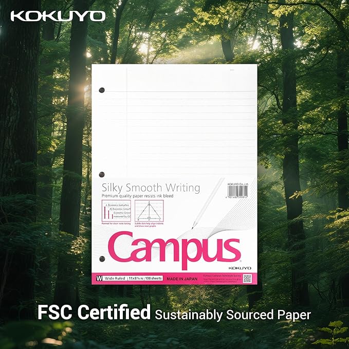 Kokuyo Filler Papers, 8-1/4"x11”, Wide Ruled 3 Hole Punched Loose Leaf Paper, 500 Sheets Bleed Resistance Notebook Paper, Japanese Smooth Lined Paper for 3 Ring Binders School Supplies