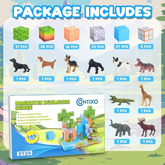 Contixo Kids Magnet Toys - ST14 145 PCs Magnetic Tiles, 3D Building Blocks, STEM Construction Creativity, Imagination, Recreational, Educational Block for Children Toddler Kids Ages 4-8