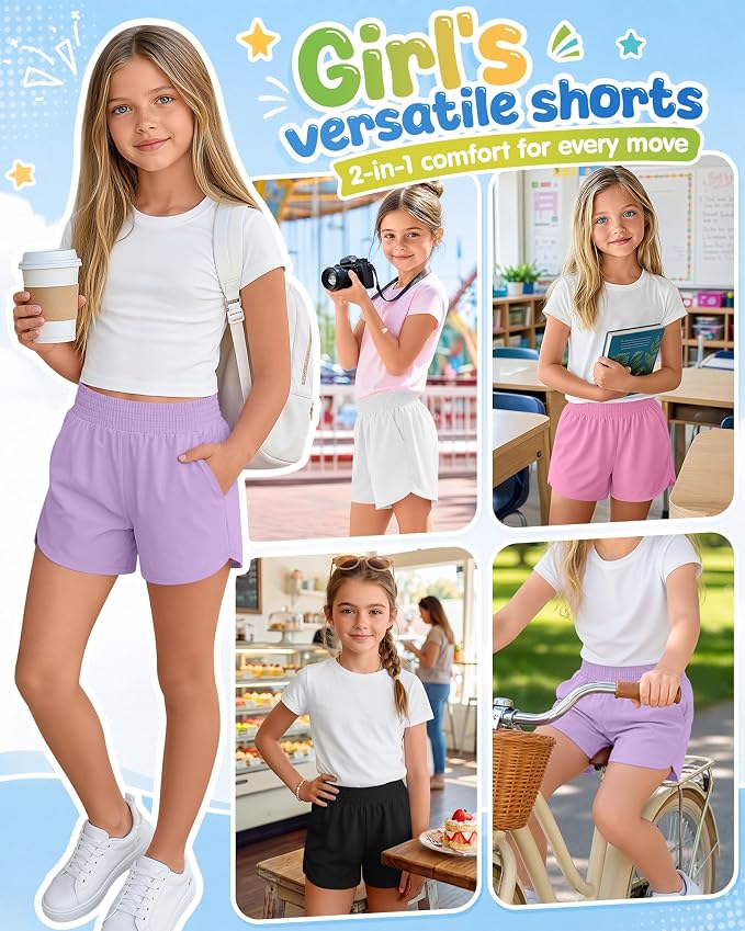 4 Pack Girls Athletic Shorts 2 in 1 Quick Dry High Waist Tween Shorts with Liner Kids Back to School Running Shorts