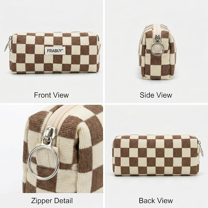 Soft Corduroy Pencil Case Pen Pouch Organizer, Small Stationery Bag | Cute Crown Checkerboard Pouch, Smooth Zipper, Daily Cosmetics Holder, Compact Organizer for School Teen Girls, Women
