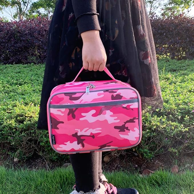 FlowFly Kids Lunch box Insulated Soft Bag Mini Cooler Back to School Thermal Meal Tote Kit for Girls, Boys, PinkCamo