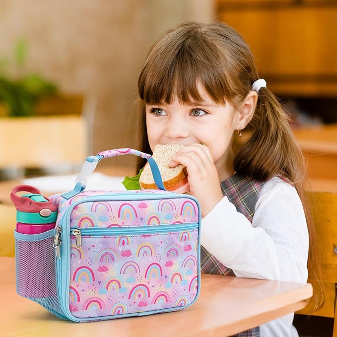 Bagseri Kids Lunch Bag Girls - Thermal Insulated Lunch Box Tote with Water Bottle Holder, Reusable Leak-Proof Kids Lunch Box for Daycare & School, Pink Rainbow (Containers Not Included)