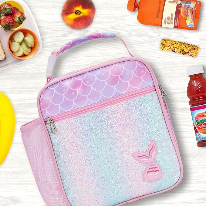 Bagseri Kids Lunch Box for Girls - Insulated Toddler Lunch Bag Fits Bento Box, Reusable Daycare Cooler Tote with Clip Handle, Water-Resistant Lining, Glitter Pink Mermaid