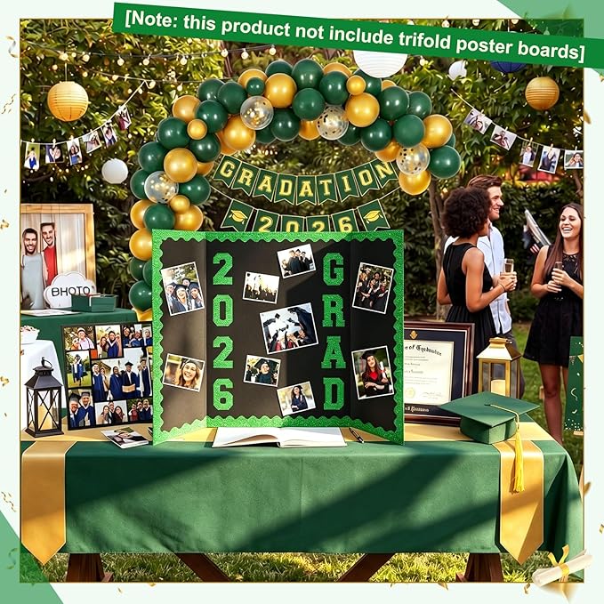 Green 175 Pcs Graduation Photo Display Board Sticker Glitter Border Trim Alphabet Letter Number for 2026 Grad Party Trifold Poster Photo Display Event Displays Bulletin Board