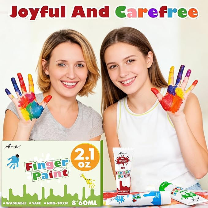 AROIC Non-Toxic Finger Paint Set - Vibrant Washable 8 Colors (60ml), Creative Art Gift for Children Age 12+, Hand Painting Art Supplies for DIY Crafts