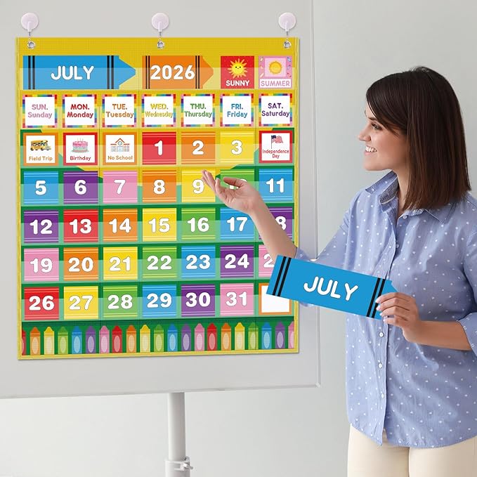 Sinload Classroom Calendar Pocket Chart Set Calendar Bulletin Board Set Seasons Festival Weather Pocket Chart for Classroom Decoration Back to School Supplies(Crayon)
