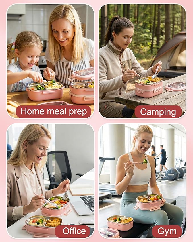 Lille Home Stackable Lunch Box, 2 Tier Stainless Steel Bento Lunch Box, 56oz Large Capacity Leakproof Lunch Containers, 4-Compartment Lunch Box with Utensils for Meal Prep, Work, Picnic(Pink)