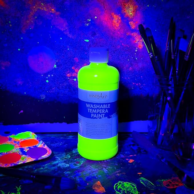 Handy Art Washable Tempera Paint, Fluorescent Yellow, 16 oz Bottle, Bright & Mixable, High Opacity, Glows UV Neon with Blacklight, Students, Kids, Young Artists, Safe & Non-Toxic, Made in USA