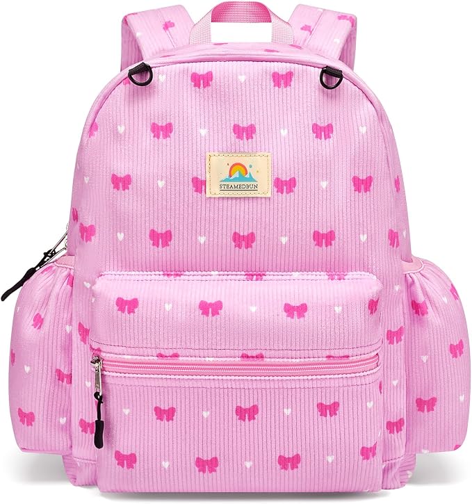 STEAMEDBUN Corduroy Kids Backpack for Girls and Boys 5-8: Girls Backpack for Elementary Kindergarten - 15 inch Cute Backpacks for Kids - Pink Bow