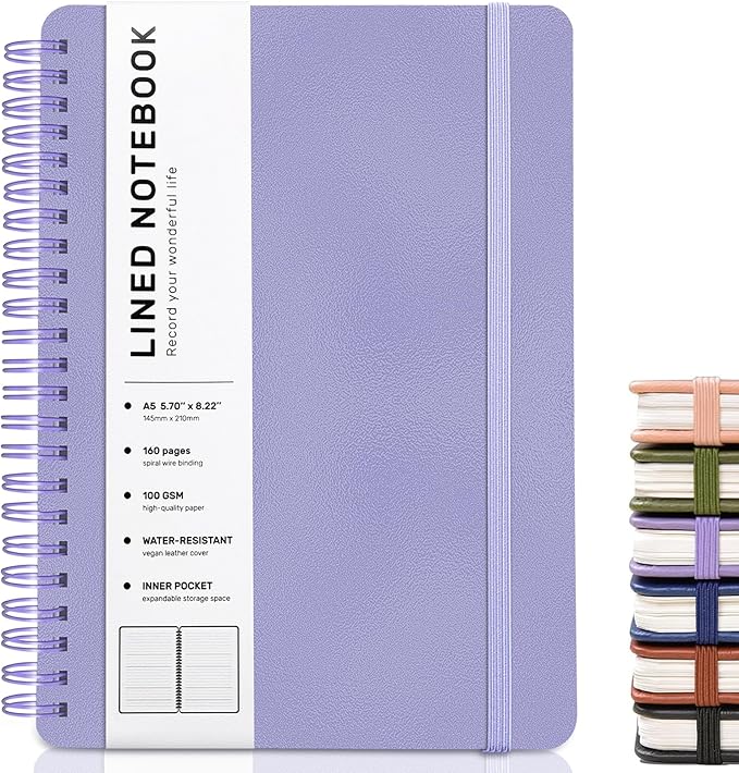ABERLLS Lined Spiral Journal Notebook with 160 Pages, 8×5.7in, A5 Spiral Notebook, Journaling Notebooks for Work, School, Women, Men, College Ruled Spiral Notebook, Hardcover Leather Journals, Purple