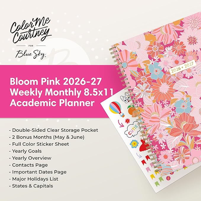 Blue Sky Color Me Courtney 2026-2027 Weekly and Monthly Academic Year Planner Calendar, July 2026 - June 2027, 8.5" x 11", Flexible Cover, Wirebound, Laminated Tabs, Storage Pocket, Includes Stickers, Bloom Pink